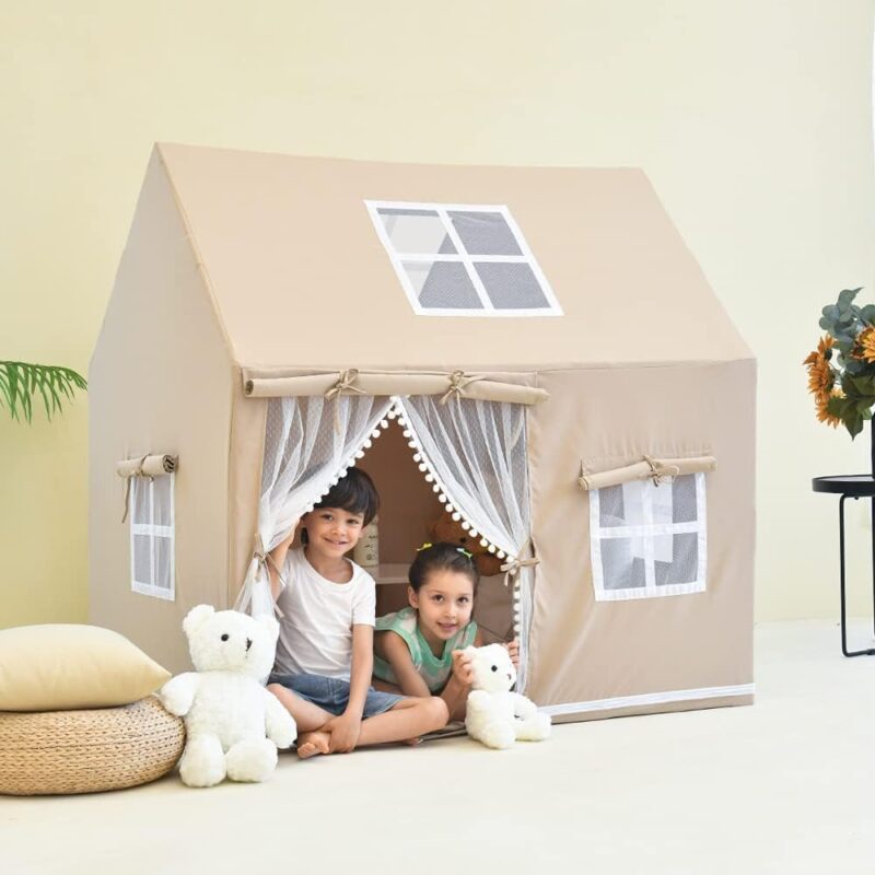 Play Tent, Zinvoda Children Play Tent Large Playhouse with Windows for Indoor & Outdoor, Natural Canvas Washable Foldable Play House Tent for Toddler Girls Boys