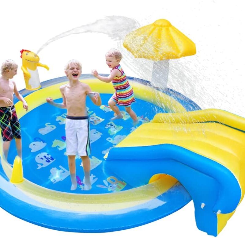 Dinosaur Inflatable Play Center, Kids Round Wading Swimming Pool with Slide, Dinosaur Sprinkle, Mushroom Shade for Kids Children Summer Outdoor Splish Splash, Garden Backyard Water Park, 87"x75"x31.5"