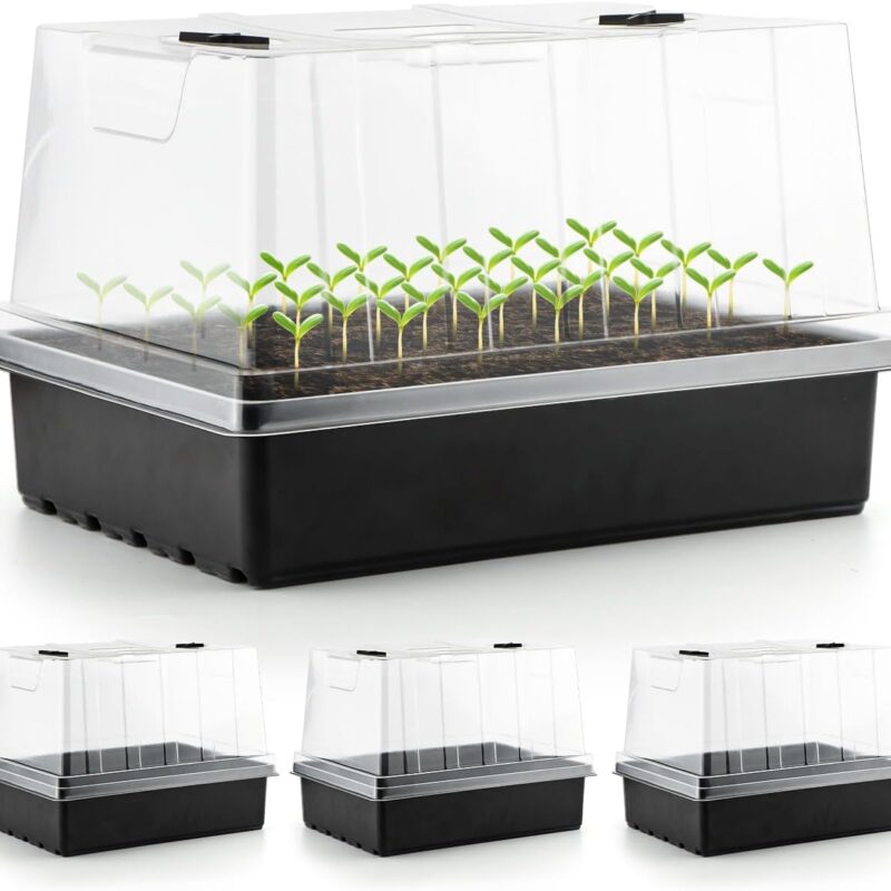 618ZCzV4H7L._AC_SL1300_.jpg 12-Pack Seed Starter Trays with 5'' Tall Humidity Domes – Thick Plastic, Reusable Seedling Tray with Clear Lids for Strong Plant Germination, Ideal Microgreen Growing Trays for Faster Seed Propagation