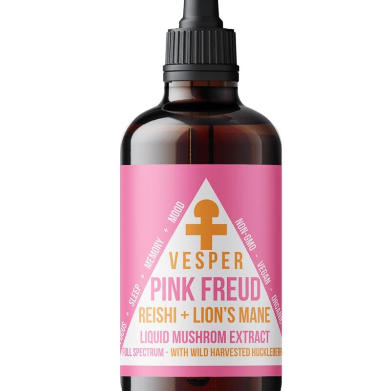 Vesper Pink Freud Mushroom Liquid Extract - Reishi & Lion’s Mane Blend with Wild Huckleberries for Immunomodulation, Neurogenesis, and Mood Support, USA-Grown, for Calm & Mental Clarity – 4oz