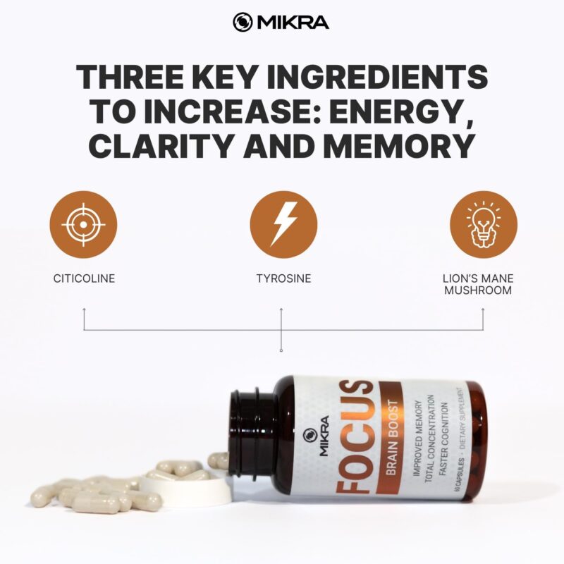 Mikra Brain Supplements for Memory and Focus - Mental Clarity Energy Boost - Citicoline Tyrosine Lion's Mane Mushroom - Premium Brain Supplement - 60 Vegan Powder Capsules 1 Month Supply