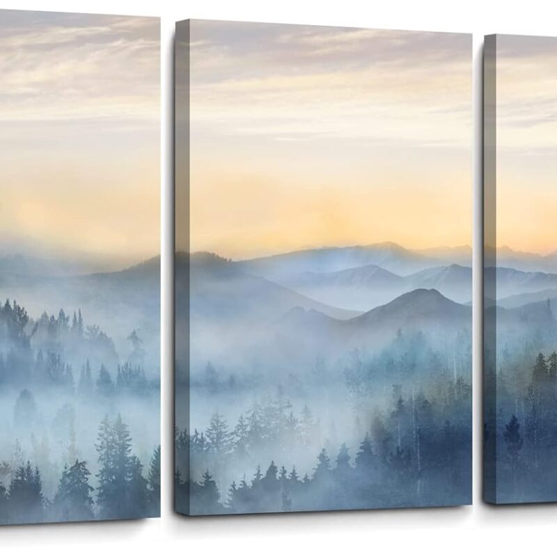 Wall Decor for Bedroom 3 Panel Sunrise Misty Forest Print Picture Paintings Wall Art for Living Room Bathroom Framed Canvas Artwork Modern Room Wall Decorations Size 16x24 x 3 Piece Ready to Hang