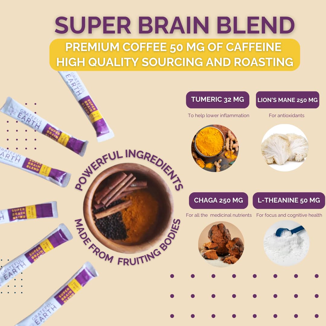 61Do8N7gDKL._SL1080_.jpg Grateful Earth Mushroom Coffee Bundle, Instant Coffee with Cinnamon, Turmeric, Lion’s Mane Mushrooms, L-Theanine, Chaga, Super Brain Blend For Energy & Immune Support, Dairy & Gluten Free, 2 Bags, 40 - Image 4