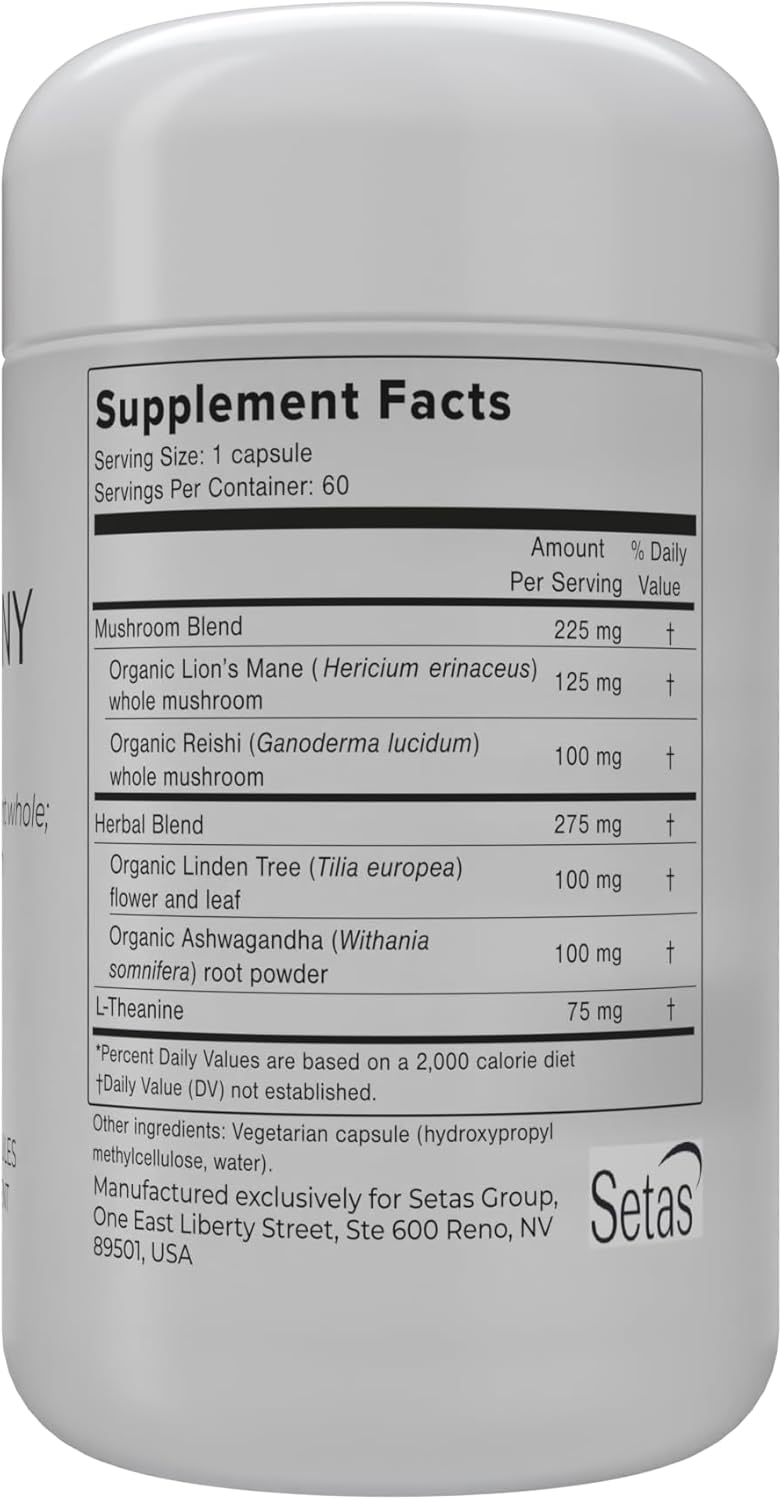 61DzI2u1zUL._AC_SL1500_.jpg HARMONY Mushroom & Botanical Supplement by Setas – Organic Reishi & Lion’s Mane, Ashwagandha, Linden Tree & L-theanine to Support Mood, Stress Management, & Calm, Vegan & Non-GMO, 60-Day Supply - Image 9