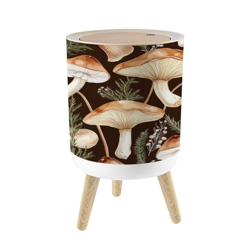 Small Trash Can with Lid seamless watercolor pattern wild toadstools mushrooms dark brown boho 1.8 Gallon/7L Garbage Can Waste Bin with Pop-Up Lid Wood Legs Wastebasket for Bathroom Kitchen Bedroom