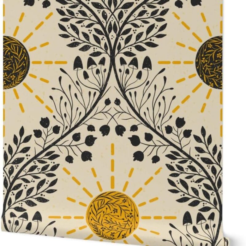 Peel & Stick Wallpaper 9ft x 2ft - Sun Life Providing Retro Mushroom Mushrooms Sunshine Botanical Custom Removable Wallpaper by Spoonflower