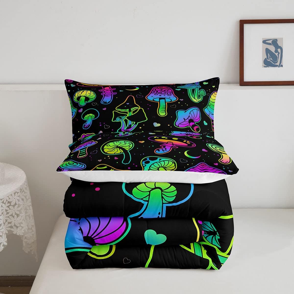 61L9f-h1FL._AC_SL1200_.jpg Erosebridal Mushroom Comforter Set Queen,Kawaii Glowing Botanical Bedding Set Wild Plants Down Comforter for Kids Girls Teens Women Cartoon Teal Purple Neon Mushroom Room Decor Quilt Duvet Set, 3Pcs - Image 4