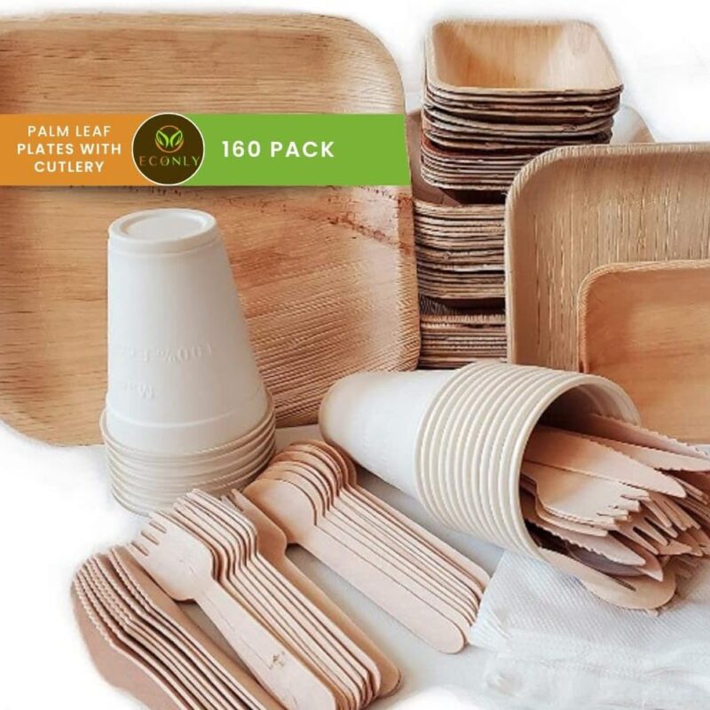 Disposable Rustic Plates Palm leaf plates10",7" 4.5" Compostable Plates,Disposable Dinnerware set with Cutlery|Palm Plates Disposable with Cutlery Napkins Heavy Duty Biodegradable Utensils