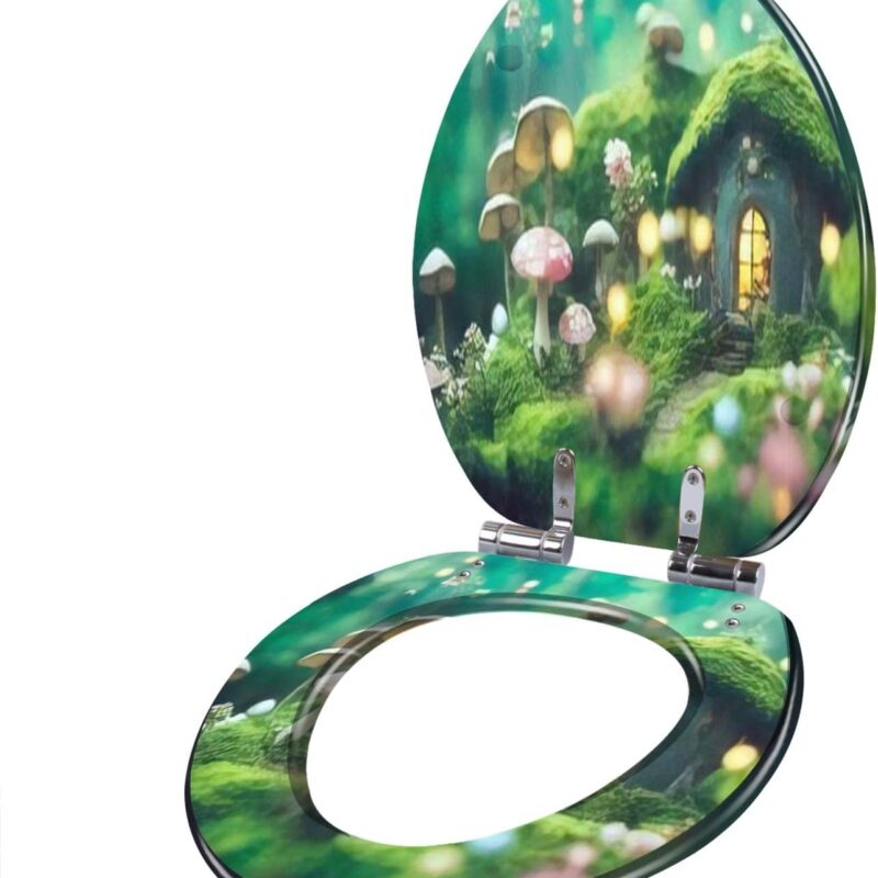Resin Elongated Toilet Seat with Cover Quiet Close Quick Release Hinges Animation Scene 00001 Fairy House A Mushroom Forest Decorative Toilet Seat Easy to Clean Install Home Decor
