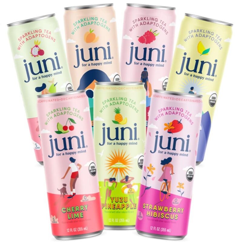 Juni Sparkling Adaptogen Drink with Ashwagandha, Lion's Mane & Reishi Mushrooms | Zero Sugar, 5 Calories | All Flavors 24-Pack