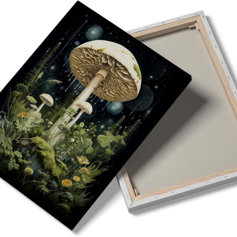 Vintage canvas Shiitake wall Art under the night sky White Shiitake mushroom picture plant wall decoration Print painting art Bedroom living Room Kitchen decoration (24 * 36inch Framed)