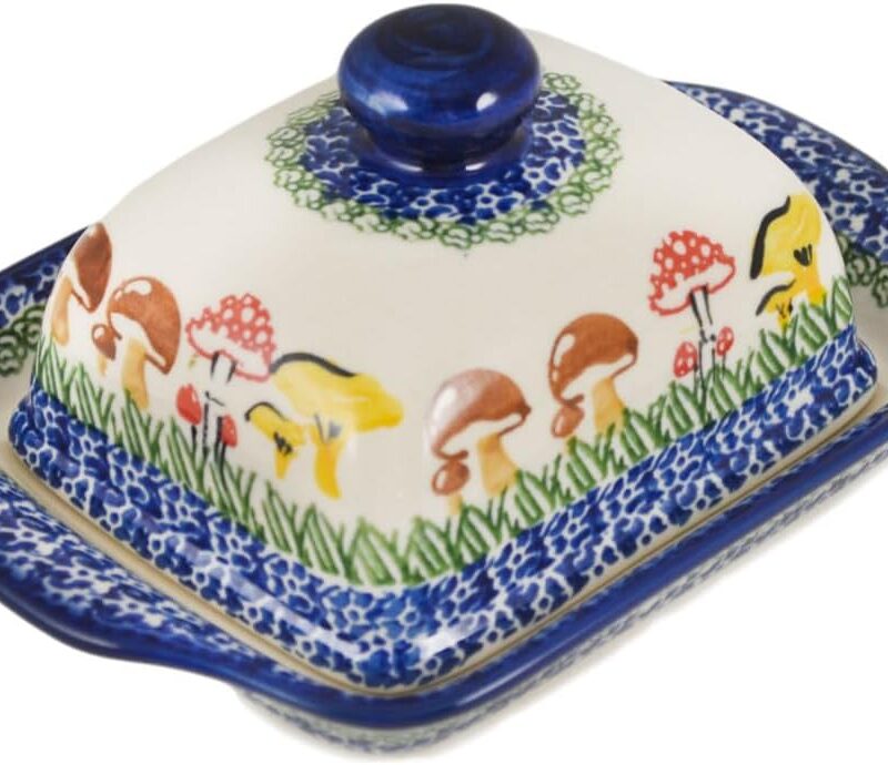 Authentic Polish Pottery Butter Dish in Wild Mushroom Picking Design Handmade in Bolesławiec Poland by Ceramika Nina + Certificate of Authenticity