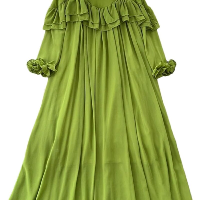 Spring Fashion Loose Chiffon Dress for Women French Style Mushrooms Edged Long Sleeve Long Dress