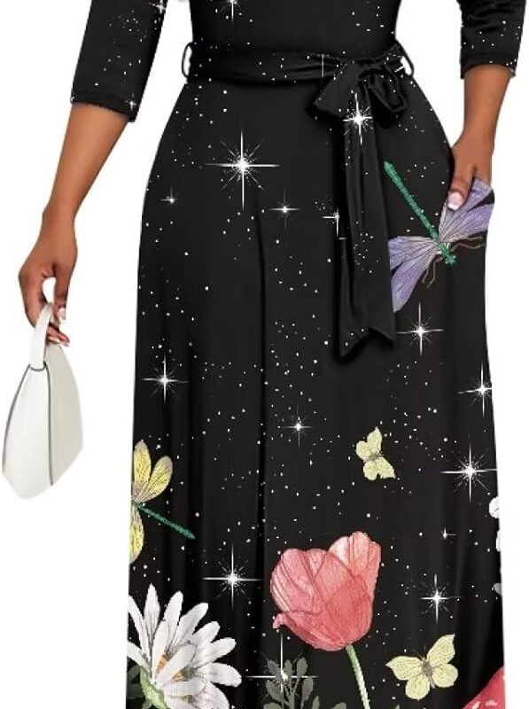 Women's V Neck Maxi Dress 3/4 Sleeve Tie Waist Loose Casual Dress Plus Size Dressy Midi Dress with Pocket S-5XL