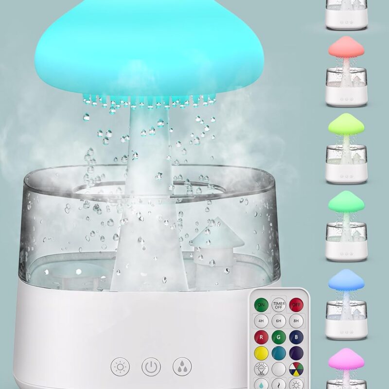Romanda Rain Cloud Humidifier with Remote, Rain Cloud Diffuser, Cloud Humidifier Rain Drop, Mushroom Diffuser, Mushroom Humidifier Waterfall Lamp, Rain Sounds for Sleeping