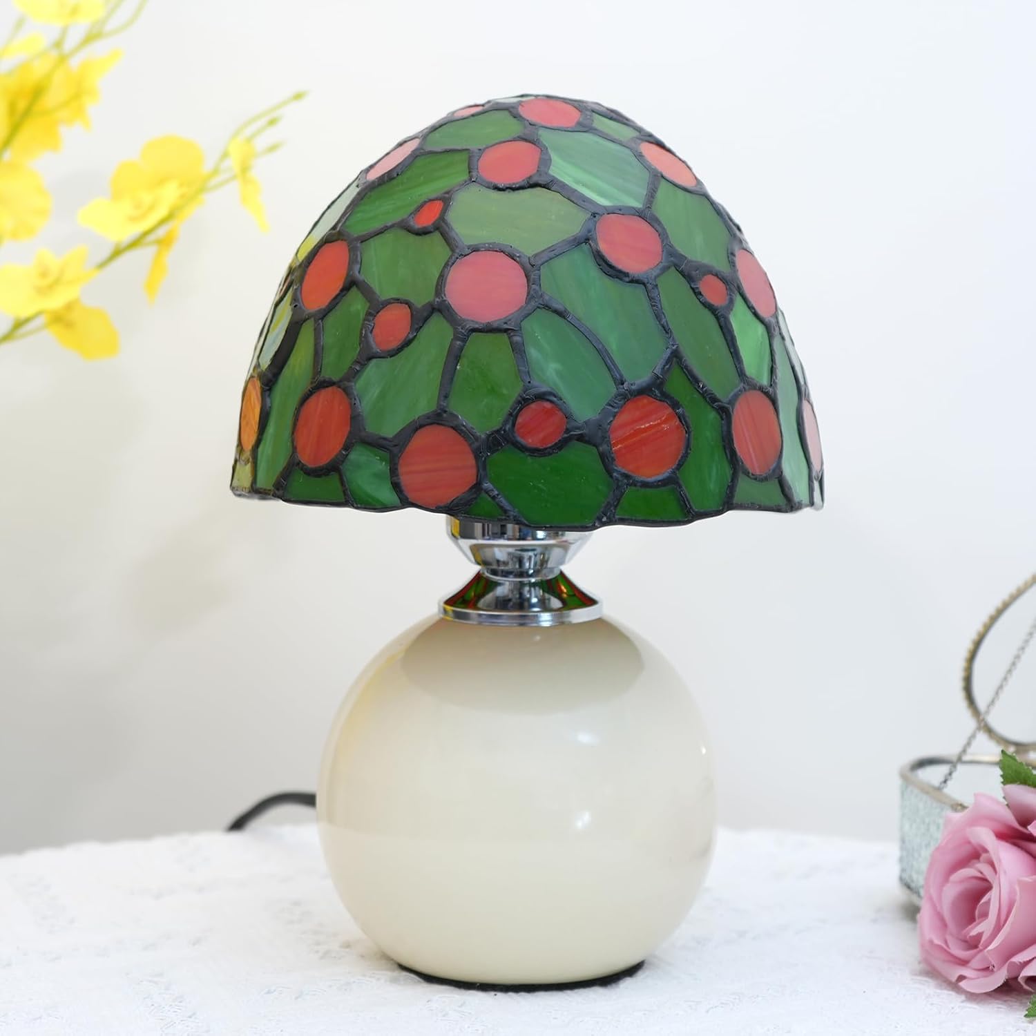 61UziiFIZQL._AC_SL1500_.jpg Tiffany Style Stained Glass Green Red Mushroom Table Lamp Bedroom Bedside Office Art Nightstand Accent Small Night Light Unique Esthetic Cute Kids Girls Decor Vintage Home Ceramic Desk Lamp - Image 3