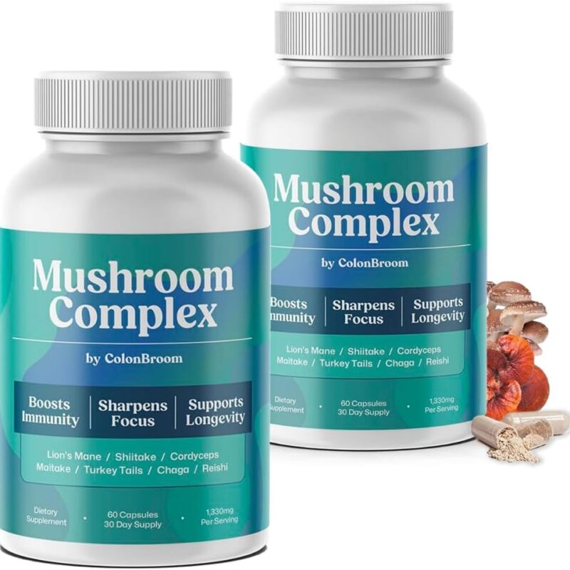 ColonBroom Mushroom Complex, Powerful Mushroom Blend with Cordyceps, Reishi, Shiitake, Lion’s Mane Extract for Energy, Immunity, Stress Relief & Cognitive Health - 2 x 60 Capsules, 60 Day Supply