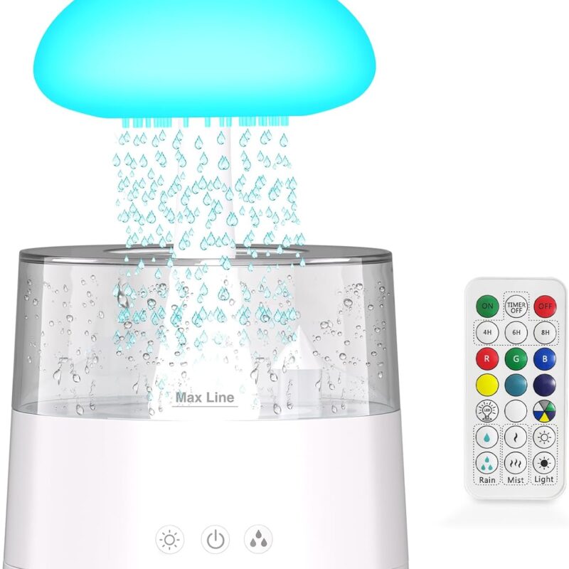 Diffuserlove Rain Diffuser Cloud Humidifier Water Drip Diffuser Humidifier 450ML with Remote Mushroom Lamp Humidifier Rain Sounds Humidifier
