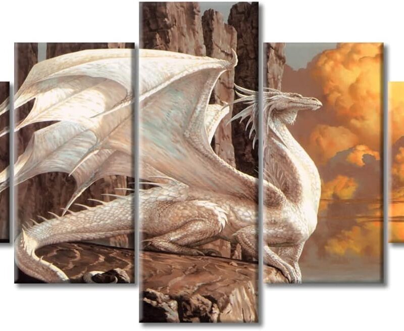 TUMOVO Living Room Wall Decor Dragon Canvas Painting Wall Art Yellow Mushroom Cloud Art Prints and Posters 5 Piece Wall Art Modern Stretched and Framed Wall Artwork Ready to Hang, 60"x32"