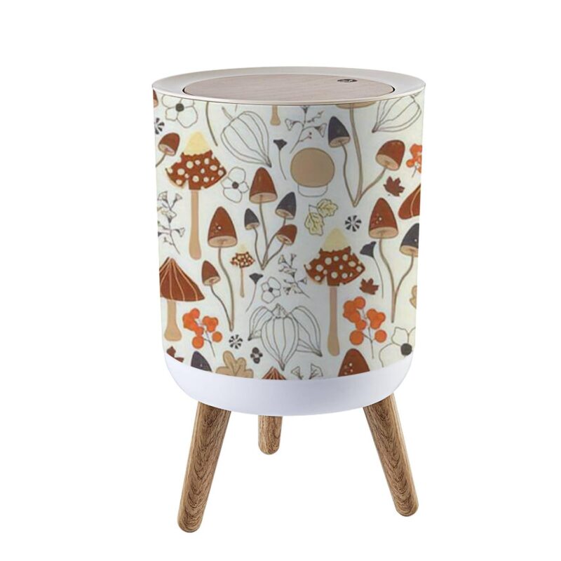 Small Trash Can with Lid for Bathroom Kitchen Office Diaper Autumnal Seamless Mushrooms Flowers Leaves Fruits Bedroom Garbage Trash Bin Dog Proof Waste Basket Cute Decorative