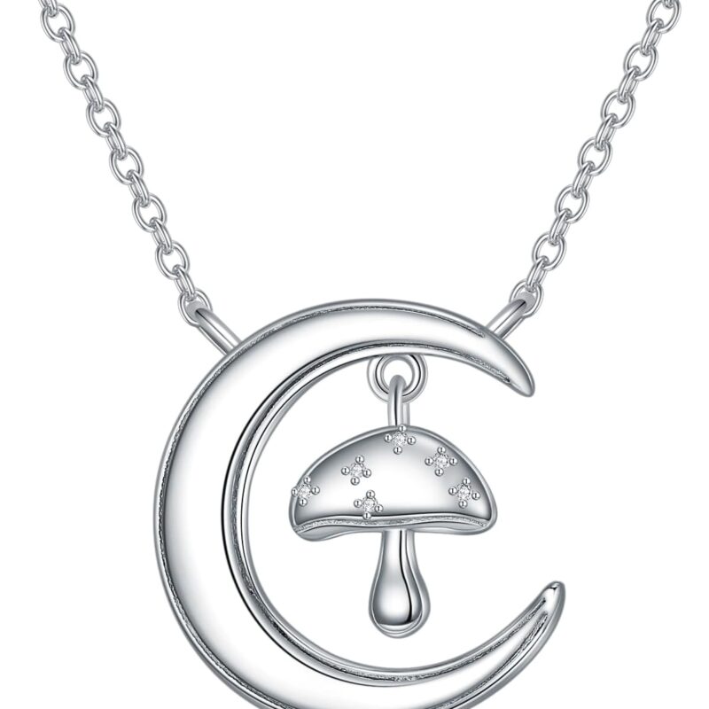 Diamond Mushroom Necklace for Women Sterling Silver Mushroom Pendant Necklace 925 Silver Mushroom Necklace for Women 18+2 Inch
