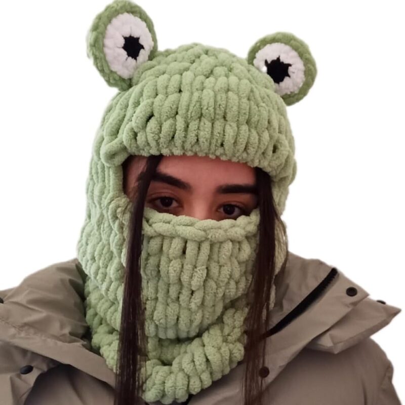 Green Frog Balaclava – Crochet Frog Hood with Eyes, Kawaii Animal Ski Mask, Soft & Cozy Winter Face Cover, Cosplay & Festival Accessory, for Teens & Adults
