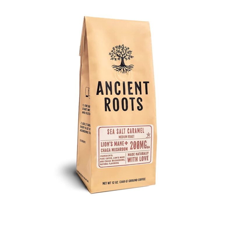 Ancient Roots Flavored Mushroom Coffee by CORIM PREMIUM BLENDS, 12 oz bag (Six-Pack) (Salted Caramel)