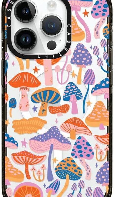 CASETiFY Impact iPhone 15 Pro Case [4X Military Grade Drop Tested / 8.2ft Drop Protection/Compatible with Magsafe] - Cute Prints - Magic Mushrooms - Clear Black
