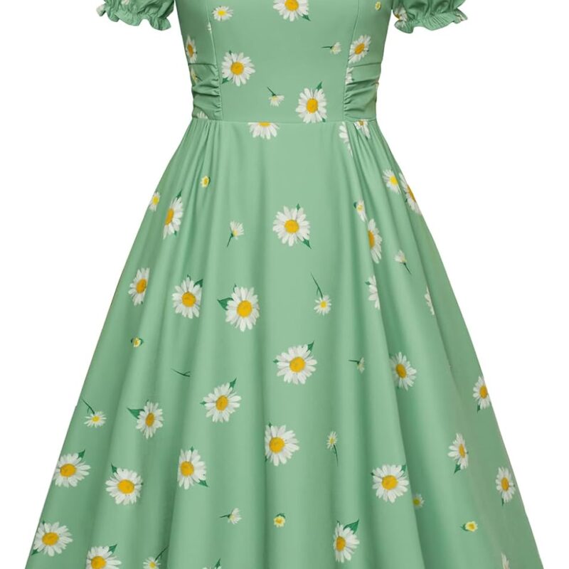Belle Poque Vintage Dress for Women 1950s Cottagecore Cocktail Dresses Square Neck Puff Sleeve Dress with Pockets