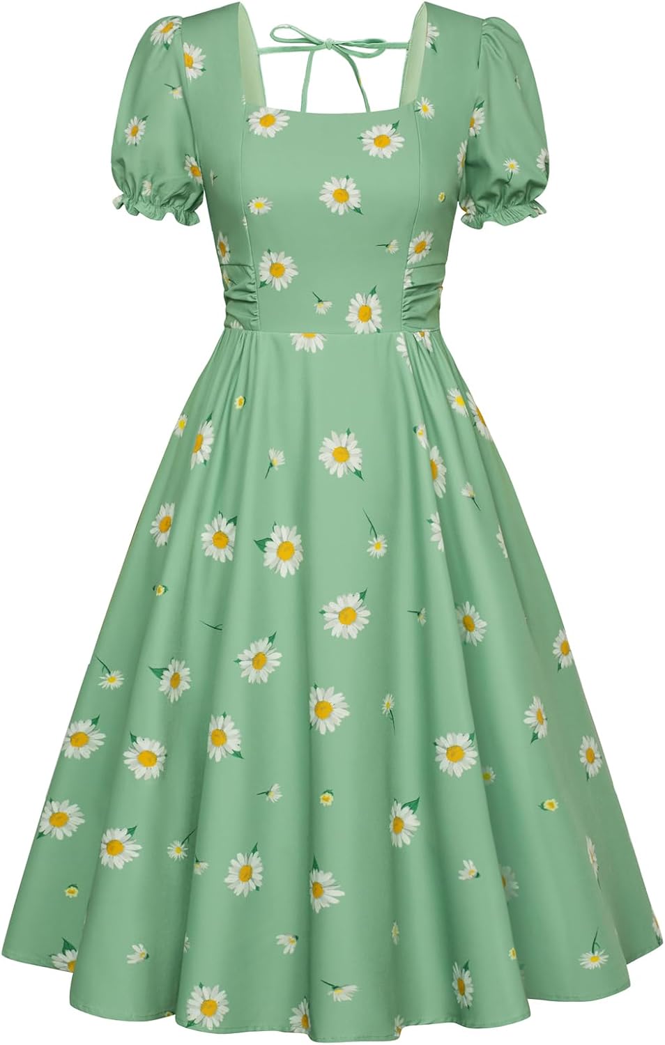 61lbkl61OvL._AC_SL1500_.jpg Belle Poque Vintage Dress for Women 1950s Cottagecore Cocktail Dresses Square Neck Puff Sleeve Dress with Pockets