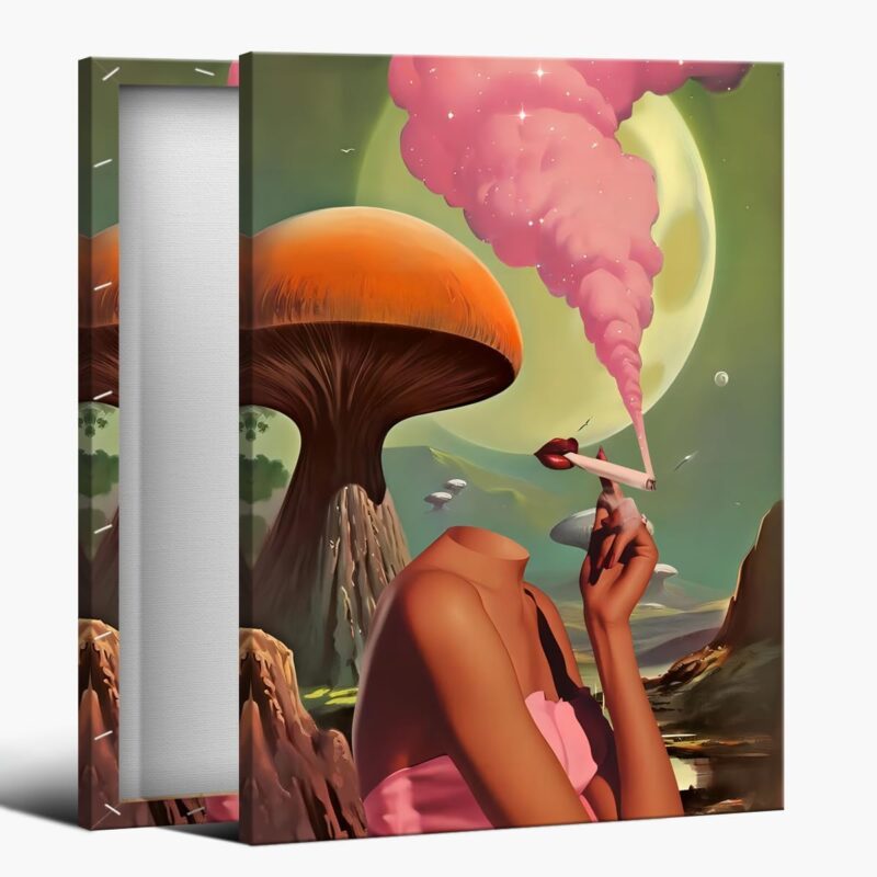 70s Art Vintage Surreal Canvas Wall Art Egoless Trendy Abstract Aesthetic Room Decor Retro Mushroom Moon Woman Poster Prints Wall Decor Picture Living Room Bedroom Bathroom 16x24in Framed