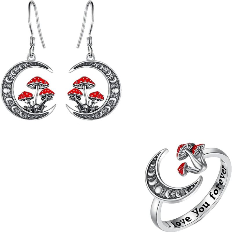 Moon Mushroom Earrings and Ring,925 Sterling Silver Magical Red Mushroom Pendant Moon Phase Jewelry Set,Christmas Birthday Gifts for Women
