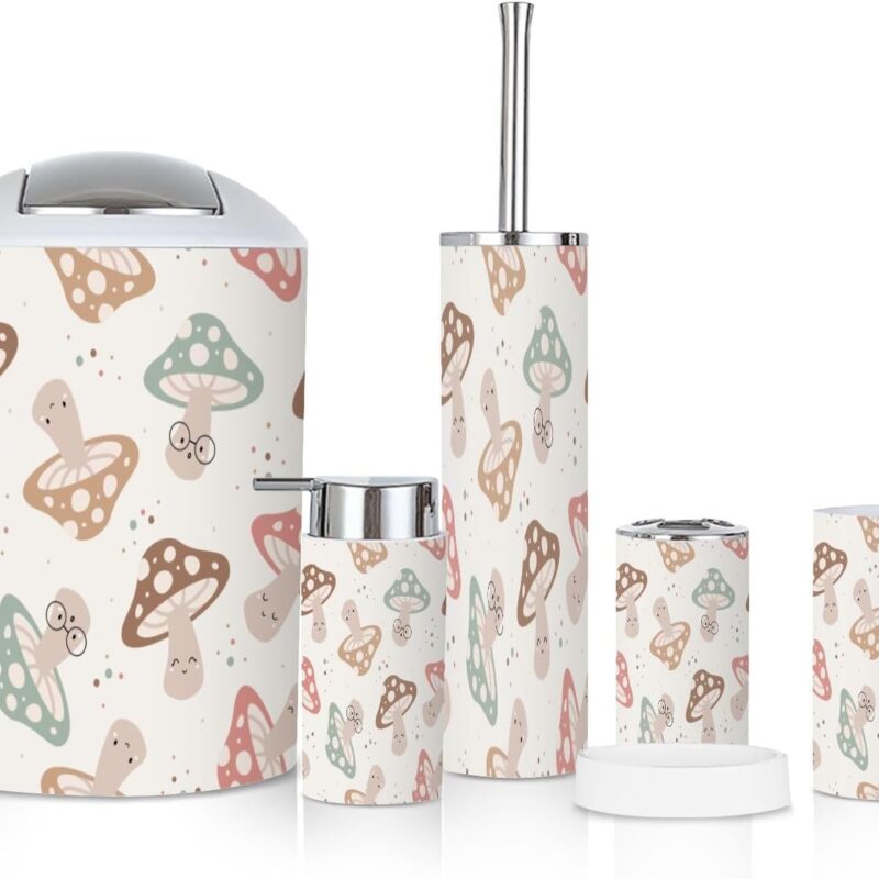 6 Piece Bathroom Accessories Set Hand Drawn Seamless Pattern Cute Kawaii Mushrooms Cute Drawing Doodle Trash can Toilet Brush Holder Toothbrush Holder Toothbrush Cup Soap Dispenser Soap Dish Boho