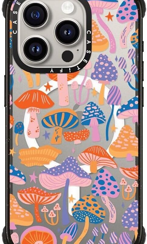 CASETiFY Ultra Impact iPhone 15 Pro Case [Strong Slim / 11.5ft 5X Militray Grade Drop Protection/Compatible with Magsafe] - Magic Mushrooms - Clear Black