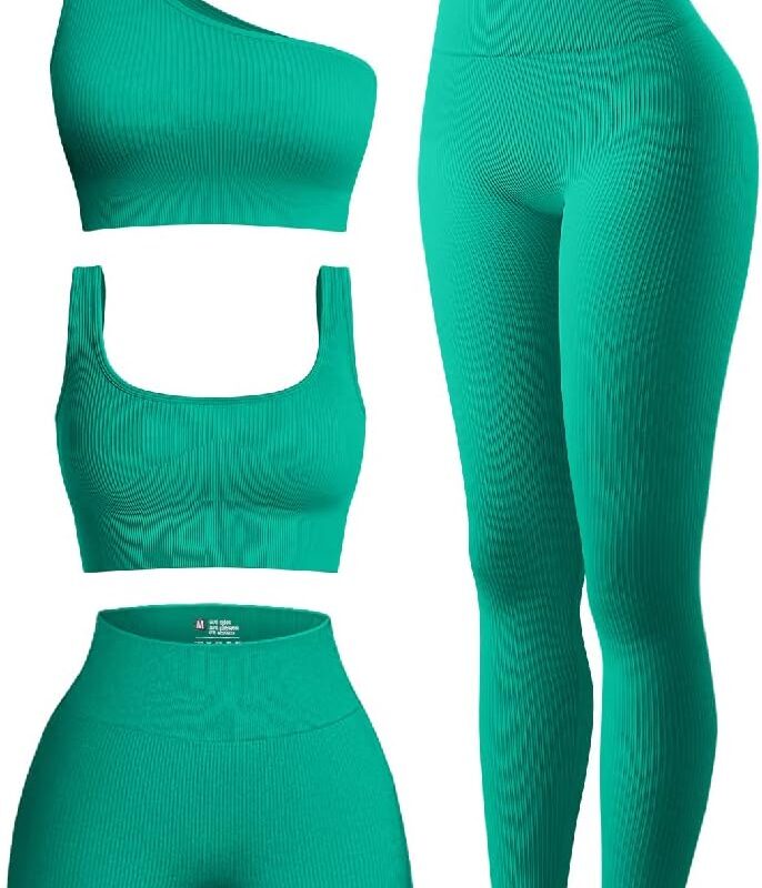 OQQ Women's 4 Piece Ribbed Exercise Scoop Neck Sports One Shoulder High Waist Legging Active Set Shorts Bra Outfit, Green, Medium