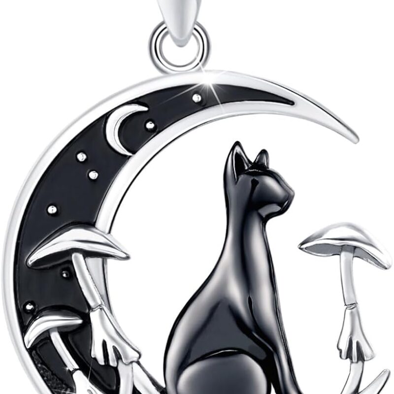 AUDINCCED Black Cat Necklace Turtle Necklace Gothic Jewelry Butterfly Necklace Cat Necklace 925 Sterling Silver Crescent Moon Necklace for Women Cat Gifts for Cat Lovers