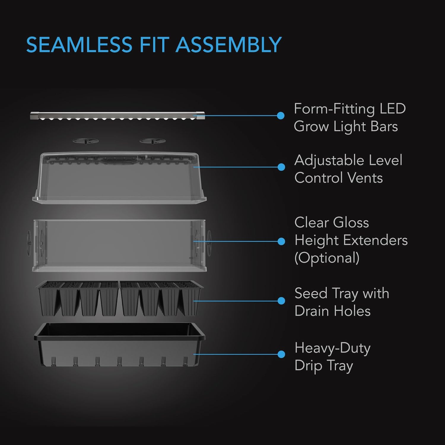 61v3TpQH7L._AC_SL1500_.jpg AC Infinity Humidity Dome, Germination Kit with Full Spectrum LED Grow Light Bars, Sturdy Drip Tray, 5x8 Cell Seedling Tray, and Vented Height Extension Panels, for Indoor Gardening, Seed Starting - Image 4