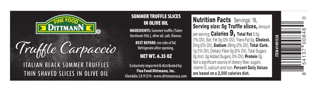61vVM776p-L._SL1280_.jpg 100% Italian Black Summer Truffle Carpaccio (2 x 6.35 Oz) - Thin Shaved Truffle Slices (Tuber Aestivum) in Olive Oil - Gourmet Ready to Eat Truffles - (Pack of 2) - Image 2