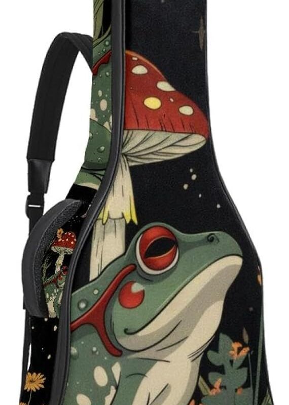 Acoustic Guitar Bag 1 cm Thick Padding, Waterproof Oxford Cloth Guitar Bag Backpack for 40-42 Inch Electric Bass Classical Guitars, Frog Retro Mushroom Wildflower Moon Stars Pattern