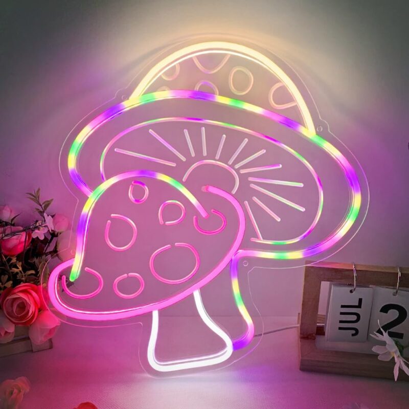 Large Mushroom Neon Sign for Wall Decor, 16x16 Inch Colorful Mushroom Nature Decor for Kids Room, Nursery, Dimmable LED Mushroom Light with Sturdy Base, Unique Gift Idea for Nature Lovers & Kids