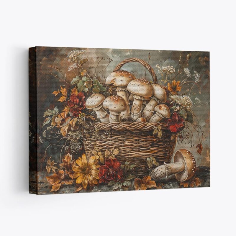 Elivita Old Basket Of Mushrooms Vintage Art Design 1 Wall Decor Canvas Art Print Home Decor Pictures Poster for Bedroom Living Room Bathroom Office With Framed Ready to Hang