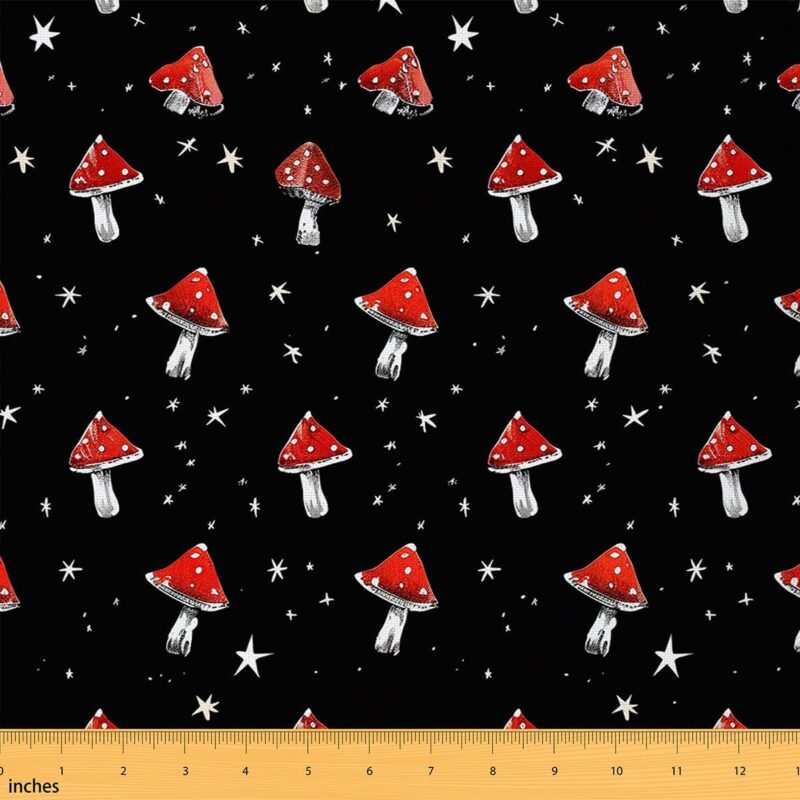 Kawaii Mushroom Upholstery Fabric by The Yard, Cute Mushrooms Twinkle Stars Reupholstery Fabric for Chairs, Nature Botanical Plants Kawaii Room Decorative Waterproof Outdoor Fabric, 5 Yards, Red Black
