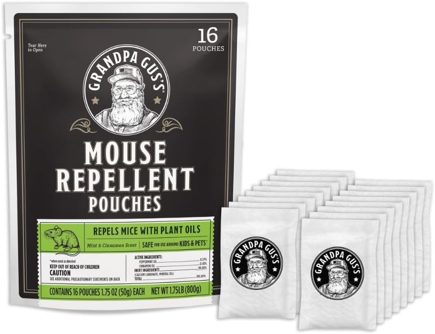 61yeW40PFXL._AC_SL1000_.jpg Grandpa Gus's Natural Mouse Repellent Pouches, Cinnamon/Peppermint Oils Repel Mice from Nesting & Freshen Air in Home/Cabin/Boat/Car Storage/RV/Machinery/Shed (16 Pouches)