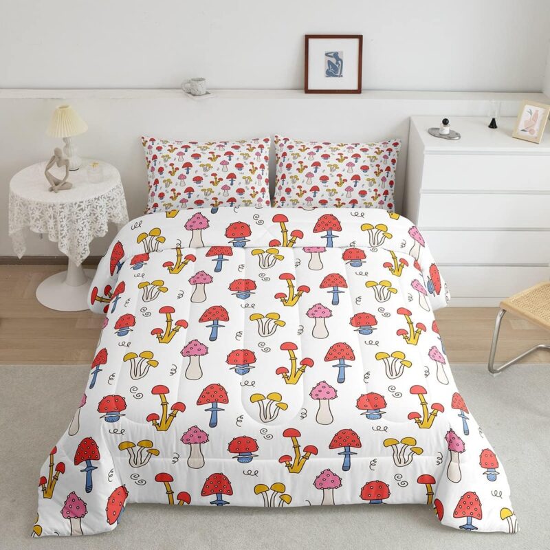 Erosebridal Kawaii Mushroom Twin Comforter for Kids Cute Hippie Mushrooms Bedding Sets & Collections Boys Girls Cartoon Bedding Botanical Wild Fungus Down Comforter Red Pink White Duvet Set 2pcs