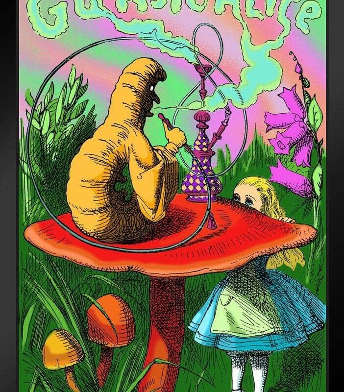 Alice in Wonderland Go Ask Alice Caterpillar Smoking Hookah Retro Vintage Psychedelic Trippy Aesthetic Indie Room Decor Stoner Room Decor Mushroom Poster Black Wood Framed Wall Art 14x20