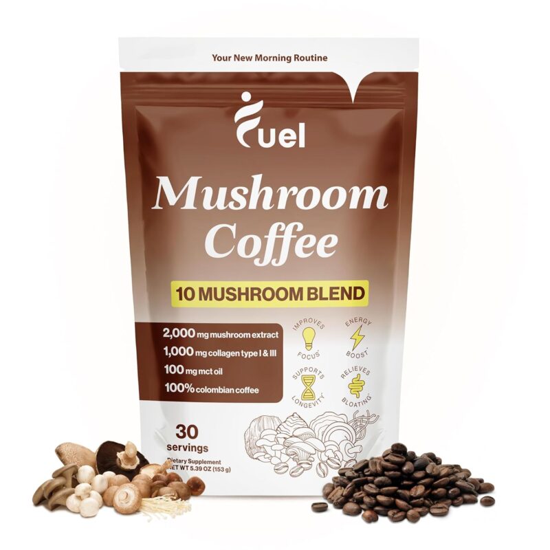 71-6wWYKRoL._SL1500_.jpg Fuel Brain Boost Mushroom Coffee Nutrition, Organic Blend for Gut Health, Lion's Mane Powder, Chaga & Mushroom Powder Low Caffeine Instant Coffee, Nootropics Drink, 30 Servings