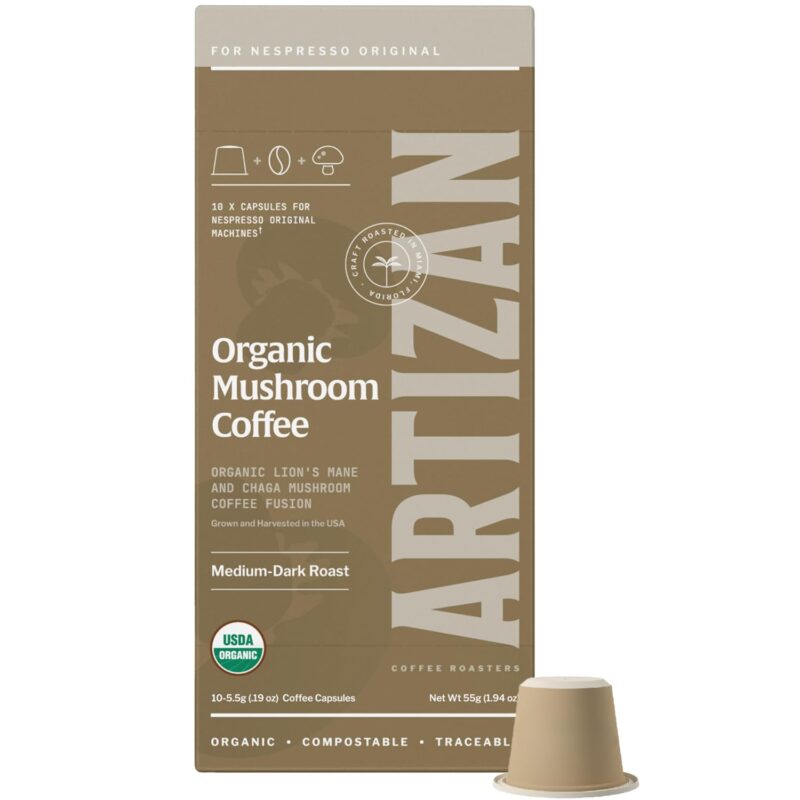 Artizan Coffee USDA Organic Espresso Coffee Capsules For Nespresso Original | Functional Mushrooms Lion's Mane + Chaga | 80 Compatible Compostable Pods