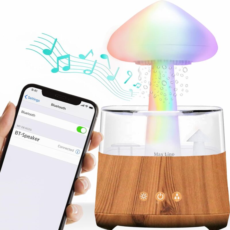 Rain Cloud Humidifier Water Drip Bluetooth Speaker, Mushroom Aromatherapy Essential Oils Diffuser with 7 LED Night Light-Gloomy Rainfall & Raindrops Relaxing Sound for deep Sleep in Bedroom (Wood)