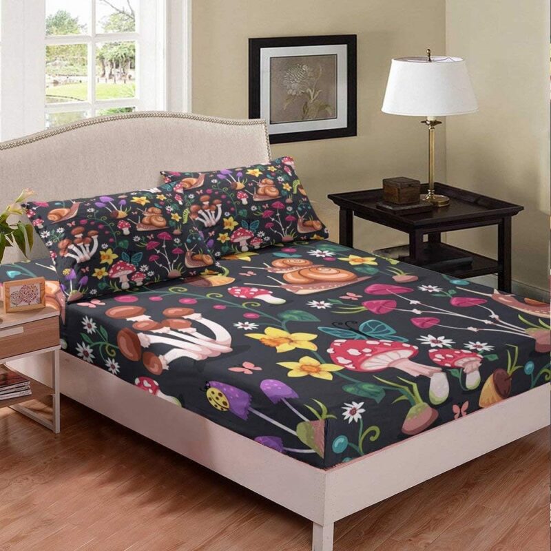 Mushroom Rose Flower Brown Bed Sheet Set Queen Animals Theme Garden Bedding Set Snail Black Bed Sheets for Children Kids Bed Covers Bedclothes 3pcs Bed Sheets