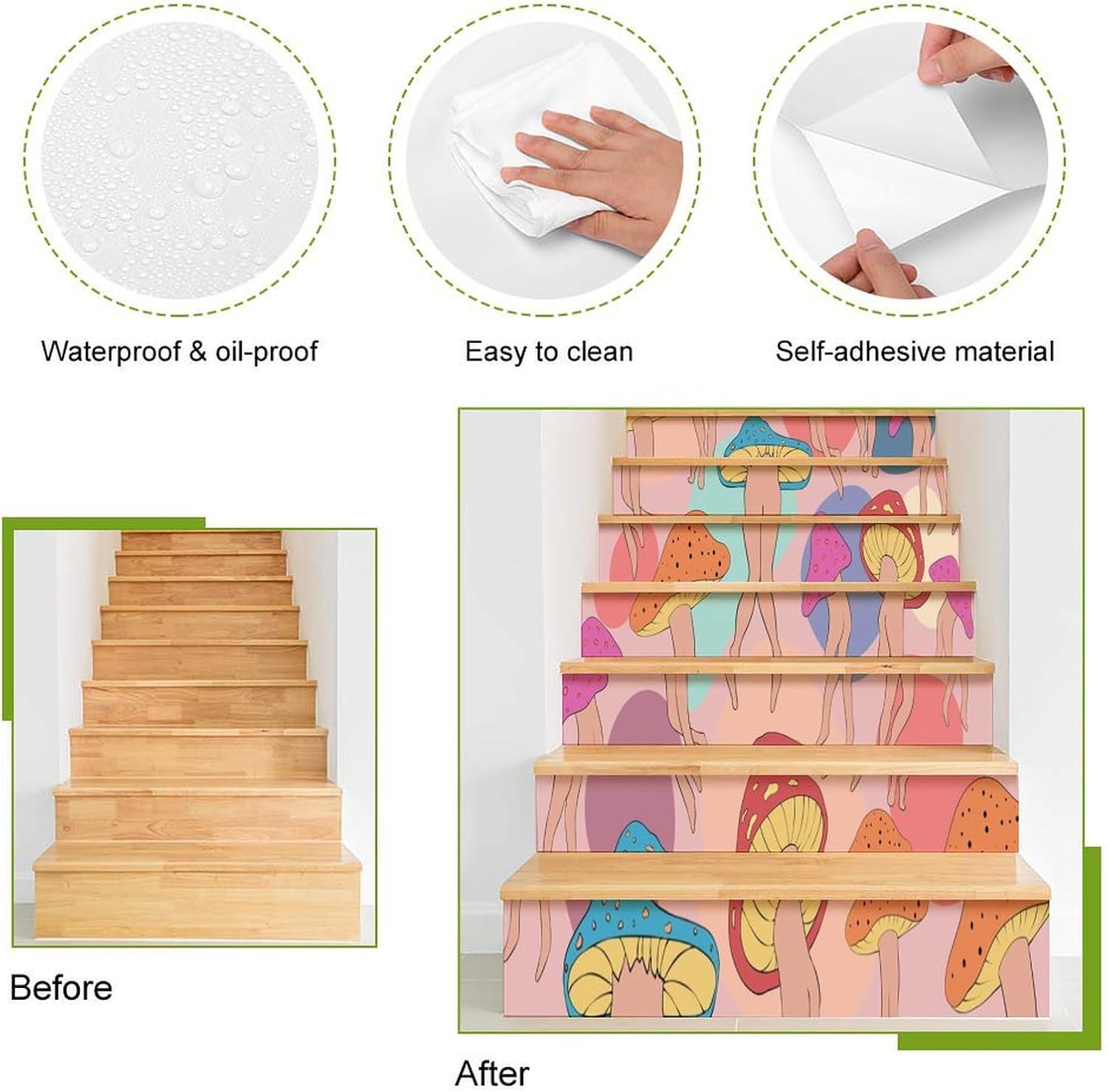7117w3cyPSL._AC_SL1500_.jpg Funny Mushroom Stair Stickers Abstract 70s 80s Cool Hippie Psychedelic Theme Mushroom Butt Pattern for House Stairs Decoration 2 Set(26 Pieces - Image 4